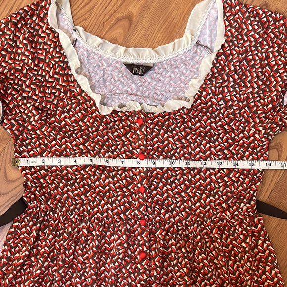 Veeko shape pattern red and brown belted dress Small - Picture 8 of 12